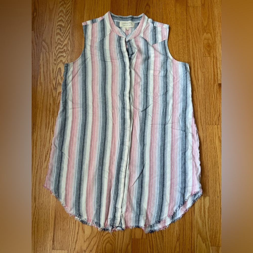 Cloth & Stone Linen Blend Striped Sleeveless Button-Down Shirt Dress